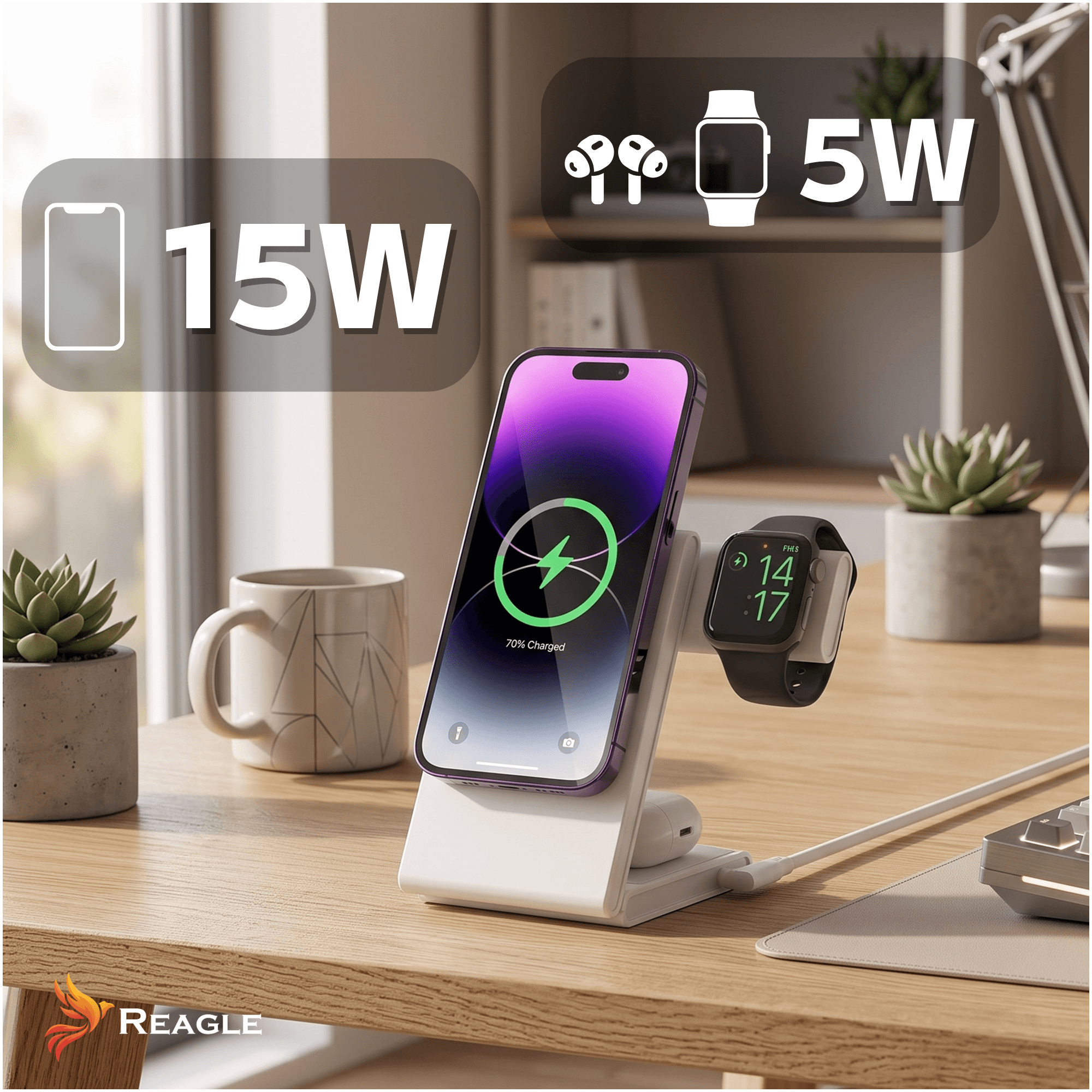 Na drewnianym biurku znajduje się biała ładowarka indukcyjna z umieszczonym na niej smartfonem i smartwatchem. Na obrazie widoczne są napisy: \'15W\' i \'5W\', a w lewym dolnym rogu logo \'REAGLE\'.