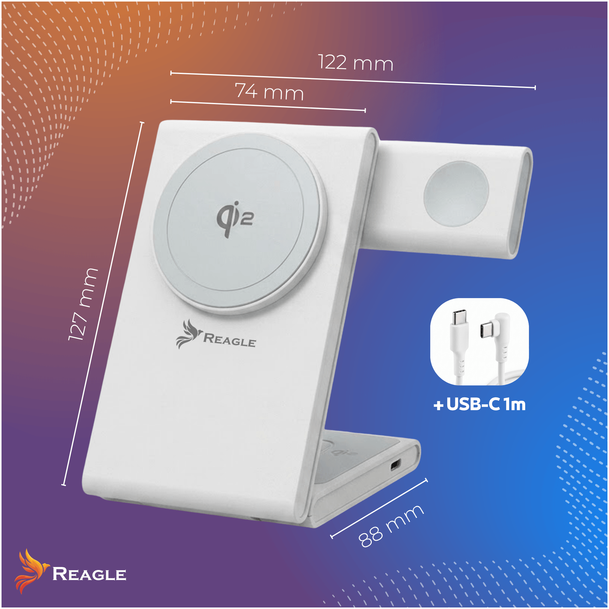 Biała ładowarka indukcyjna z logo Reagle i oznaczeniem \'qi2\', z wymiarami 127 mm, 122 mm, 74 mm i 88 mm. Obok znajduje się kabel USB-C o długości 1 m.