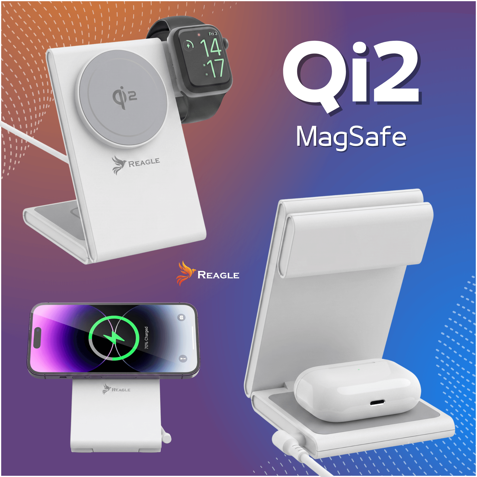 Obraz przedstawia białą ładowarkę indukcyjną z logo Reagle, na której umieszczony jest smartwatch oraz smartfon. Widoczny jest również napis \'Qi2 MagSafe\'.