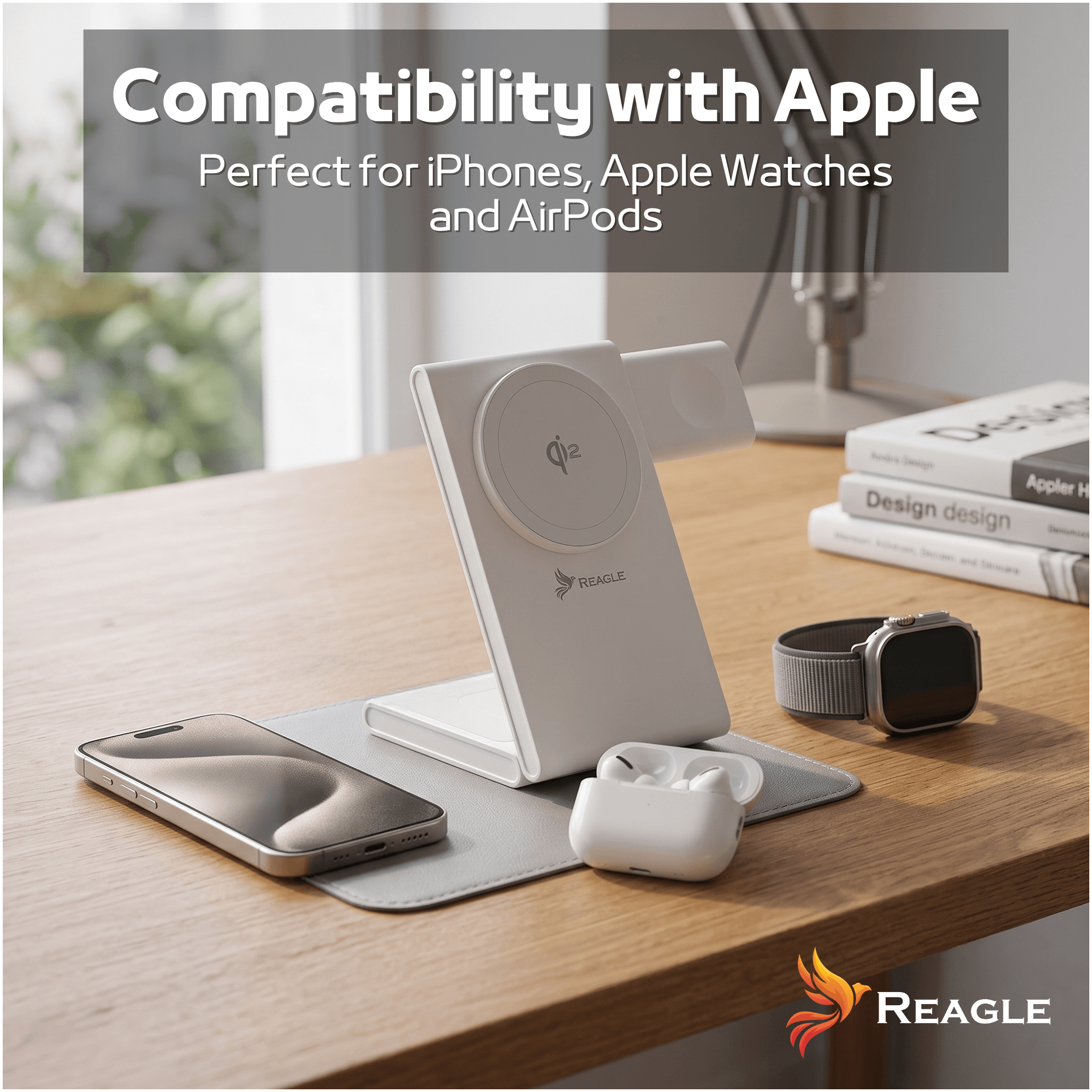 Na drewnianym biurku znajduje się biała ładowarka indukcyjna z logo Reagle, obok której leżą smartfon, słuchawki i smartwatch. Na górze obrazu widnieje tekst: \'Compatibility with Apple Perfect for iPhones, Apple Watches and AirPods\'.