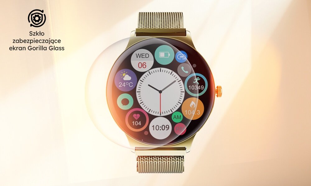 Złoty smartwatch z okrągłym wyświetlaczem, na którym widoczne są różne ikony aplikacji oraz zegar. Obok zegarka znajduje się tekst: \'Szkło zabezpieczające ekran Gorilla Glass\'.
