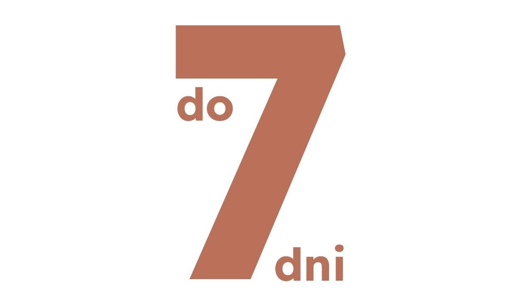 Grafika przedstawia duży numer 7 w kolorze brązowym, z mniejszym tekstem \'do\' po lewej stronie i \'dni\' po prawej stronie.