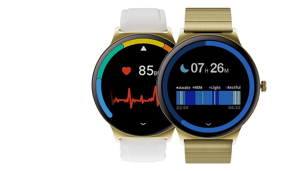 Dwa smartwatche z okrągłymi tarczami, jeden z białym paskiem i wyświetlaczem pokazującym tętno 85 BPM oraz wykres EKG, drugi z złotym paskiem i wyświetlaczem pokazującym czas snu 07h 26m z podziałem na fazy snu. Oba zegarki mają złote koperty.