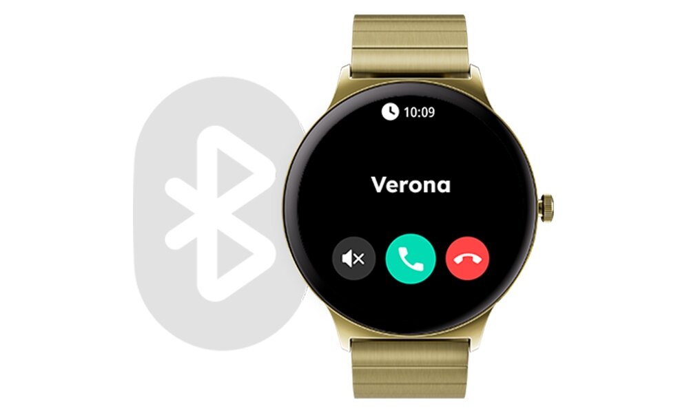 Złoty smartwatch z okrągłym wyświetlaczem pokazuje ekran z napisem \'Verona\' oraz ikonami połączeń i zegarem wskazującym 10:09. W tle widoczny jest symbol Bluetooth.