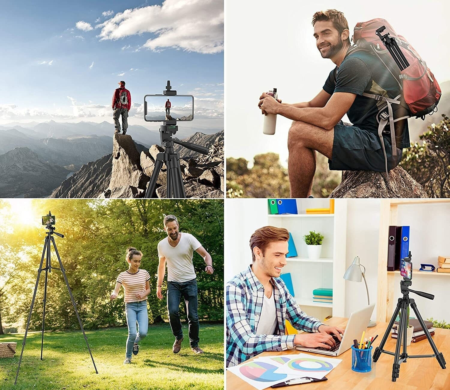Cztery zdjęcia przedstawiające różne zastosowania statywu fotograficznego z uchwytem na telefon. Statyw jest używany w plenerze na górskim szlaku, w parku oraz w biurze przy pracy z laptopem.