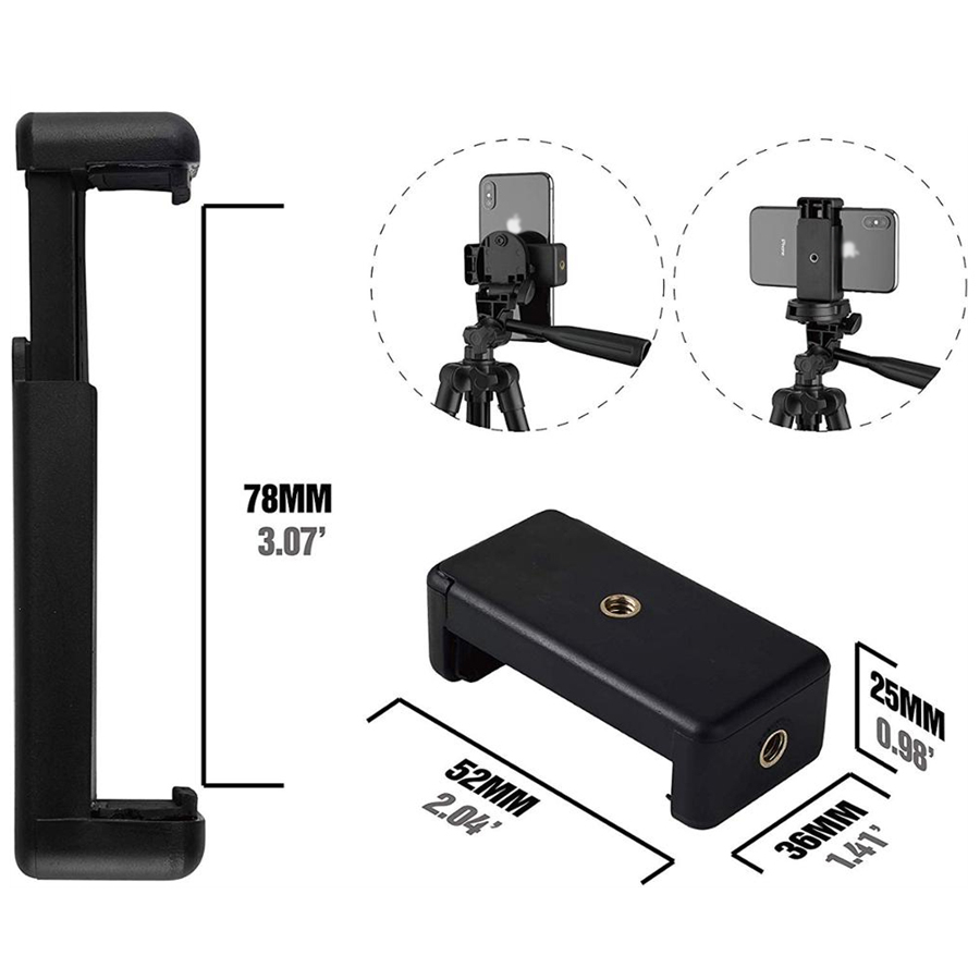 Obraz przedstawia uchwyt na telefon z wymiarami 78mm x 52mm x 36mm x 25mm. W tle widać dwa zdjęcia telefonu zamocowanego na statywie fotograficznym.