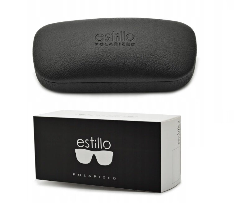 Na obrazie widoczny jest czarny futerał z napisem \'estillo POLARIZED\' oraz czarne pudełko z białym napisem \'estillo POLARIZED\' i grafiką okularów przeciwsłonecznych.