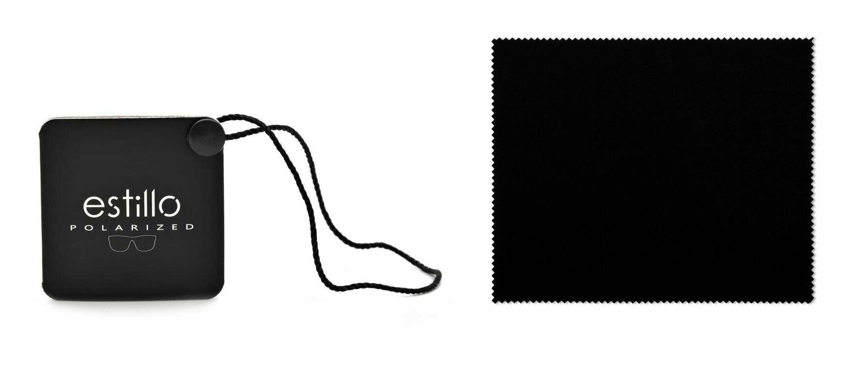 Na obrazie widoczny jest czarny futerał z napisem \'estillo POLARIZED\' oraz zarys okularów, obok znajduje się czarna ściereczka do czyszczenia.