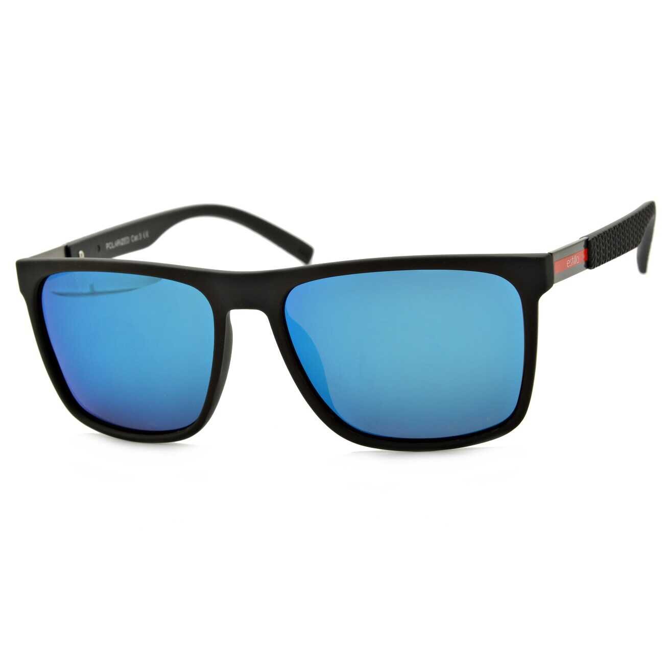 Czarne męskie okulary przeciwsłoneczne z niebieskimi soczewkami. Na zauszniku widoczny jest napis \'POLARIZED CAT.3 UV\'.