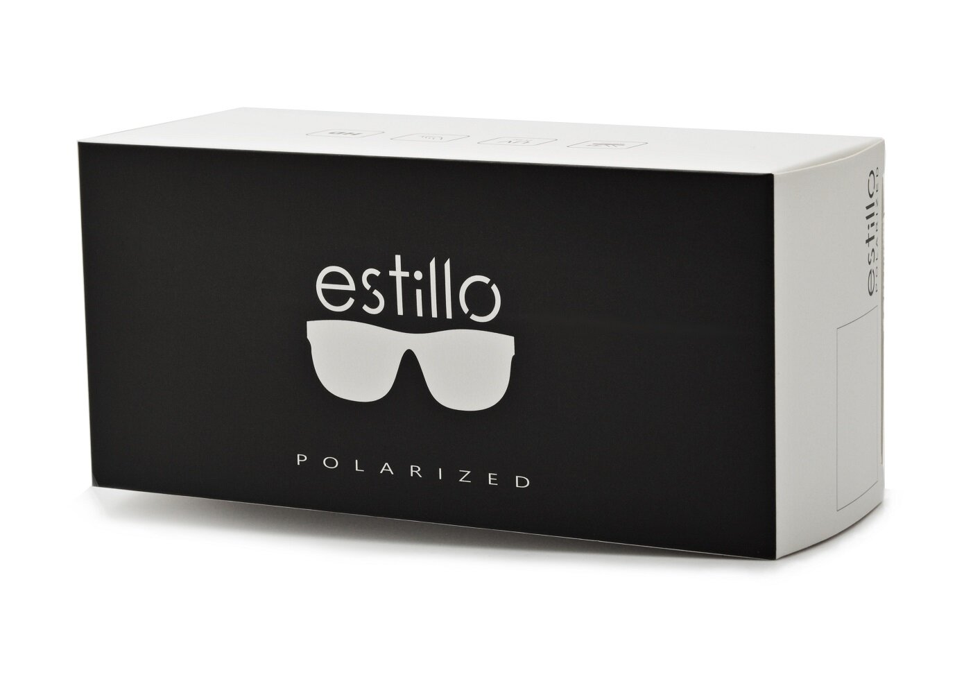 Czarne pudełko z białym napisem \'estillo\' oraz grafiką okularów przeciwsłonecznych i napisem \'POLARIZED\'.