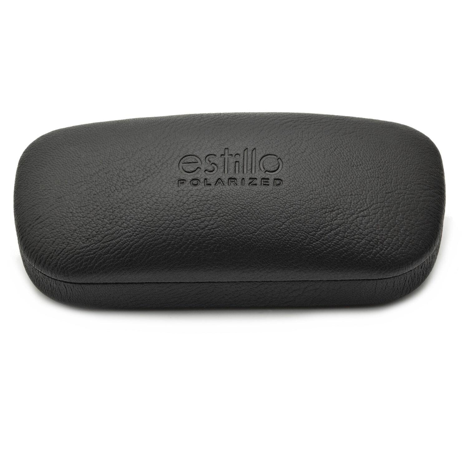 Czarny futerał na okulary z wytłoczonym napisem \'estillo POLARIZED\'.
