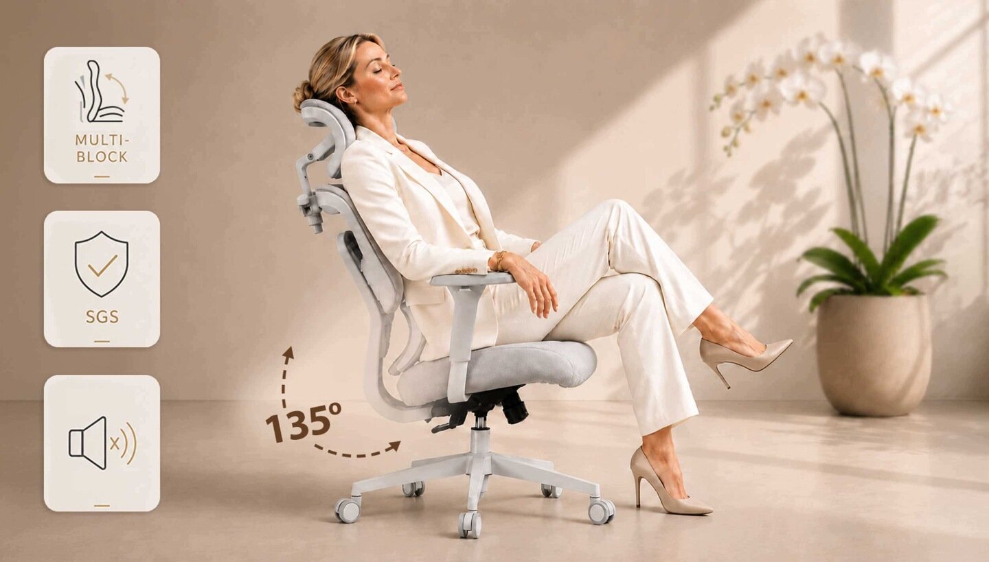 Osoba siedzi na szarym, ergonomicznym fotelu biurowym z mikrosiatką, odchylonym pod kątem 135 stopni. Obok znajdują się ikony z napisami: \'MULTI-BLOCK\', \'SGS\' oraz symbol wyciszenia dźwięku.