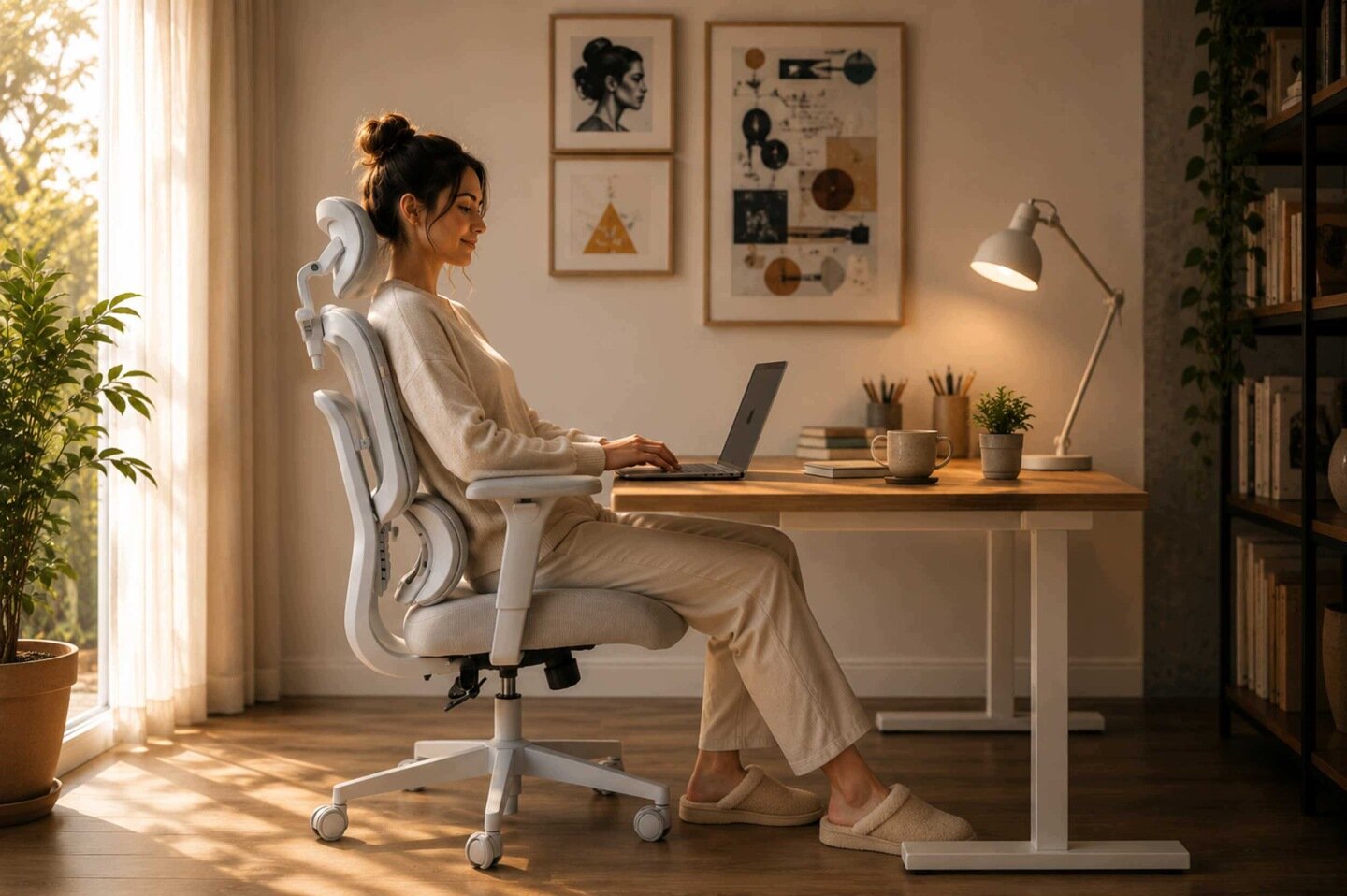 Osoba siedzi przy biurku na szarym, ergonomicznym fotelu biurowym z mikrosiatką. Na biurku znajduje się laptop, lampka, kilka doniczek z roślinami i książki.