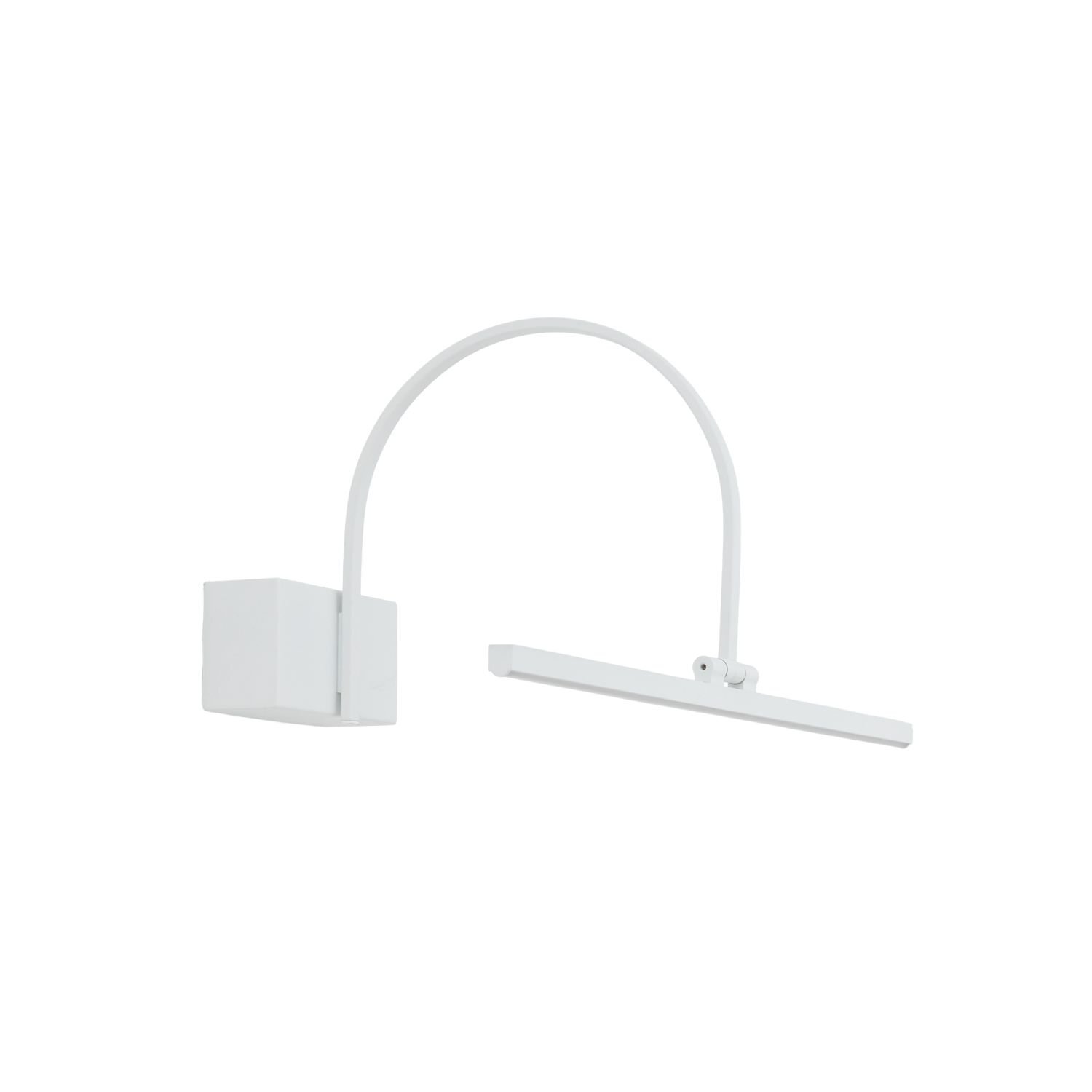 Biała lampa ścienna z prostokątną podstawą i zakrzywionym ramieniem zakończonym poziomym panelem świetlnym. Produkt ma minimalistyczny design.