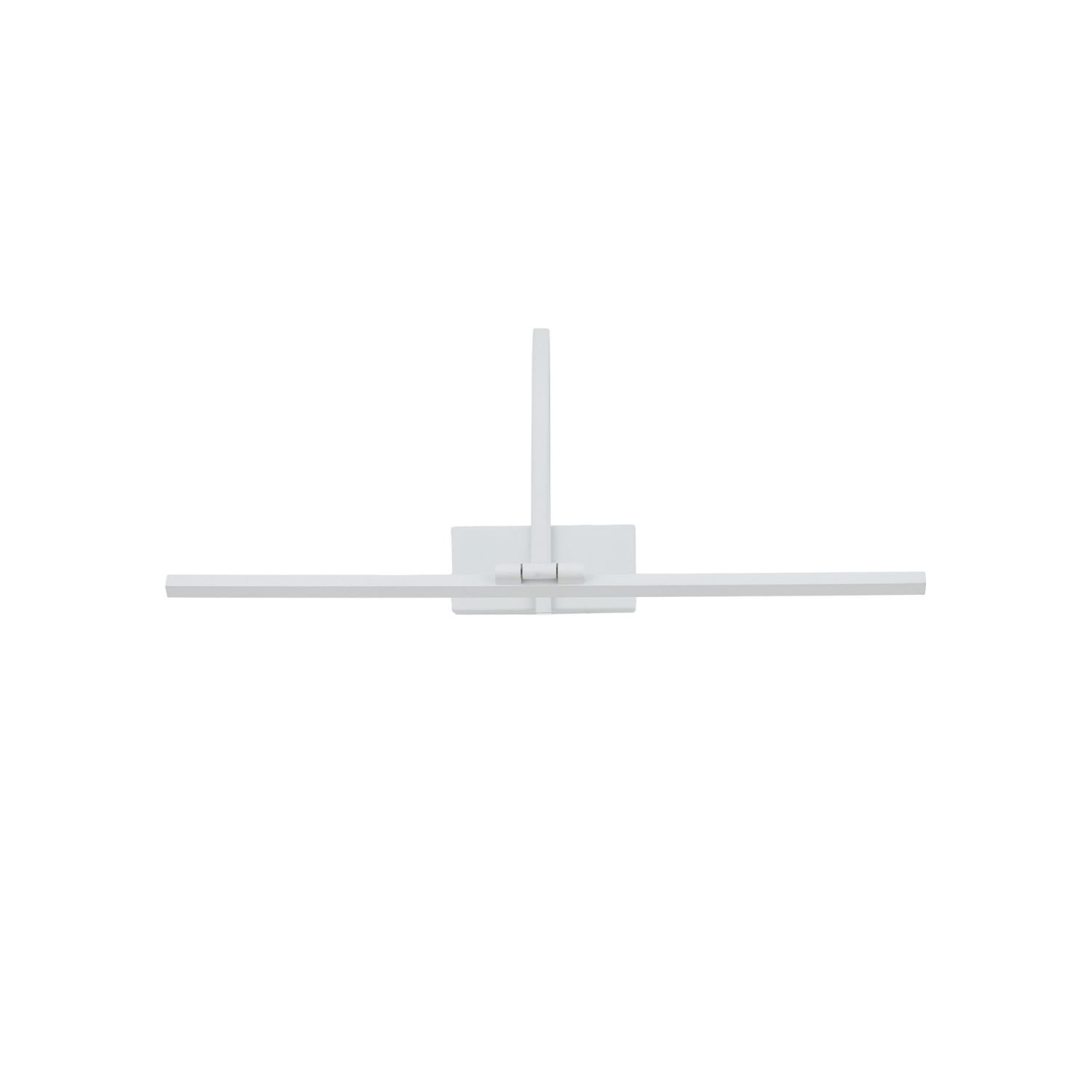 Na obrazie widoczna jest biała lampa LED o prostym, nowoczesnym designie z poziomym ramieniem i pionowym wspornikiem przymocowanym do kwadratowej podstawy.