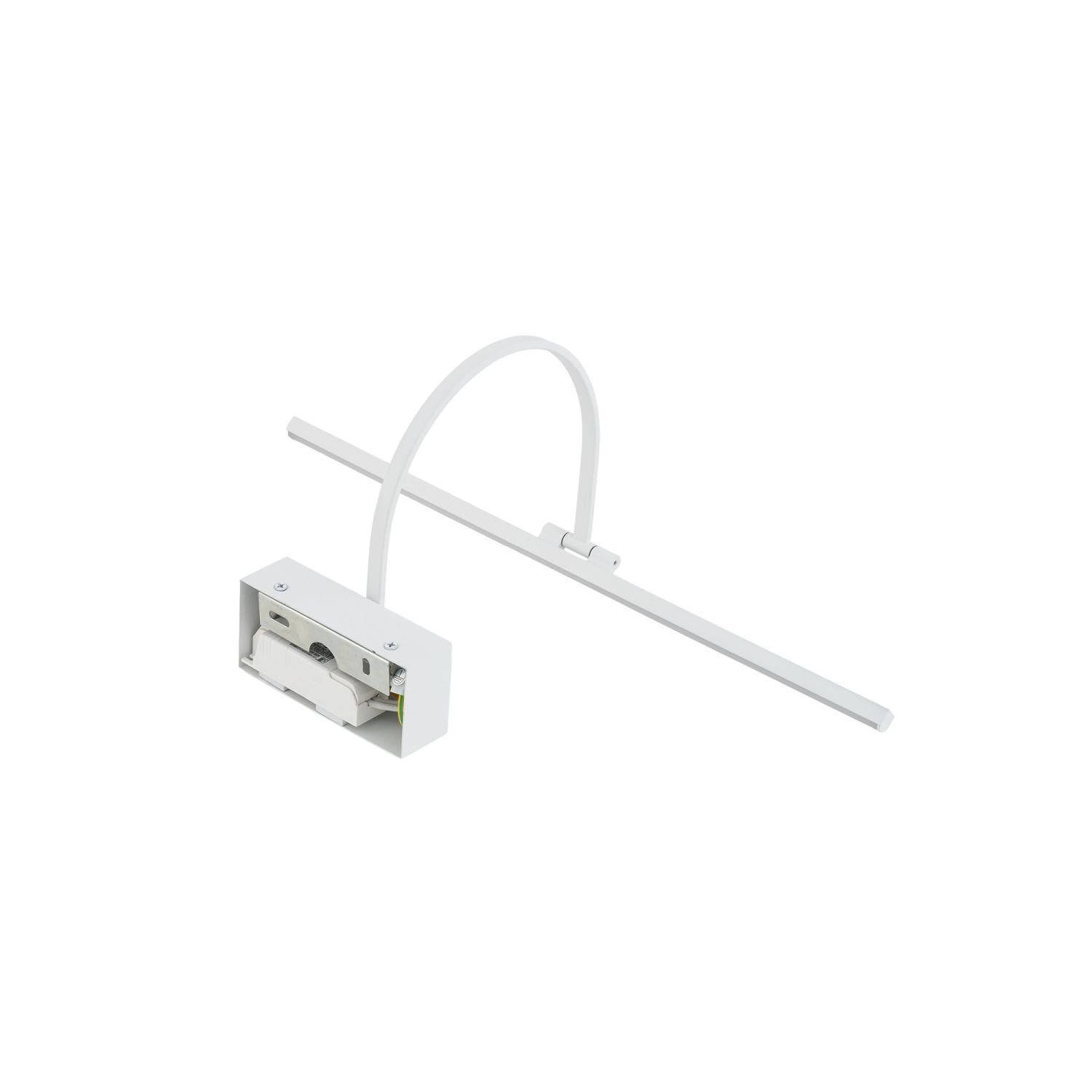 Biała lampa LED z prostokątną podstawą i długim, wąskim ramieniem. Produkt ma minimalistyczny design i jest przeznaczony do montażu na ścianie.