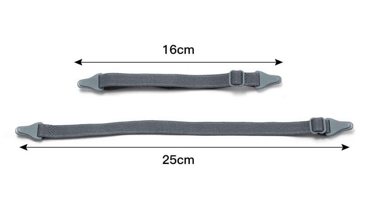 Obraz przedstawia dwie szare gumki z klamrami, jedna o długości 16 cm, druga 25 cm, z zaznaczonymi wymiarami.