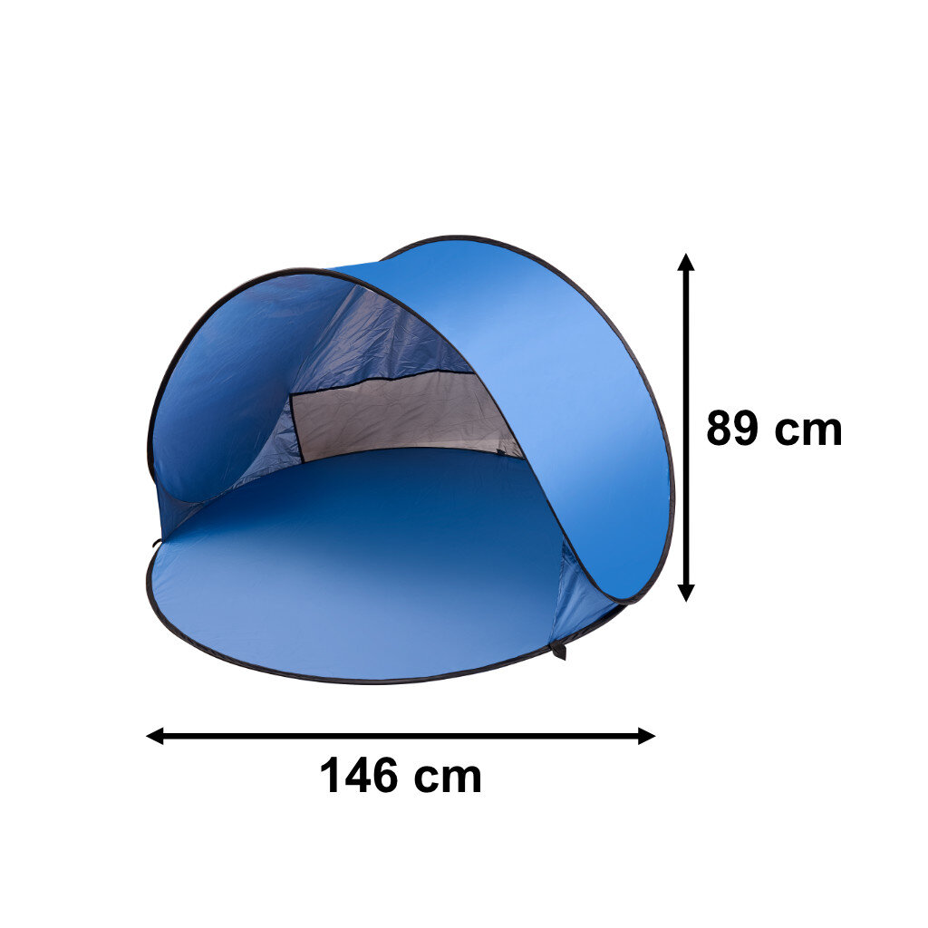 Niebieski namiot plażowy z otwartym wejściem i okienkiem wentylacyjnym, o wymiarach 146 cm szerokości i 89 cm wysokości.