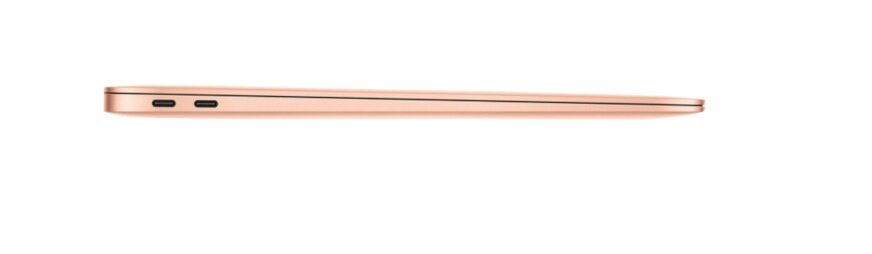 Obraz przedstawia boczny widok cienkiego laptopa w kolorze złotym z dwoma portami USB-C. Laptop jest zamknięty, a jego profil jest smukły i elegancki.