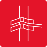 Czerwony kwadrat z białym, abstrakcyjnym symbolem przypominającym linie i kształty geometryczne.