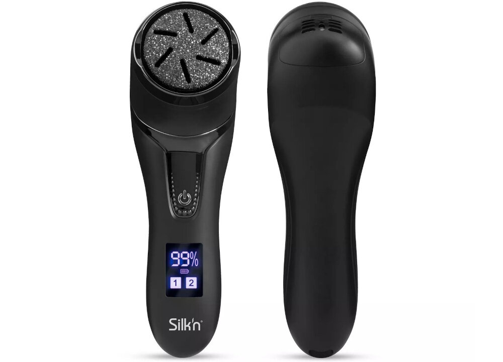 Czarny pilnik elektryczny do stóp z wyświetlaczem pokazującym 99% oraz przyciskami oznaczonymi jako 1 i 2. Na urządzeniu widoczne jest logo \'Silk\'n\'.