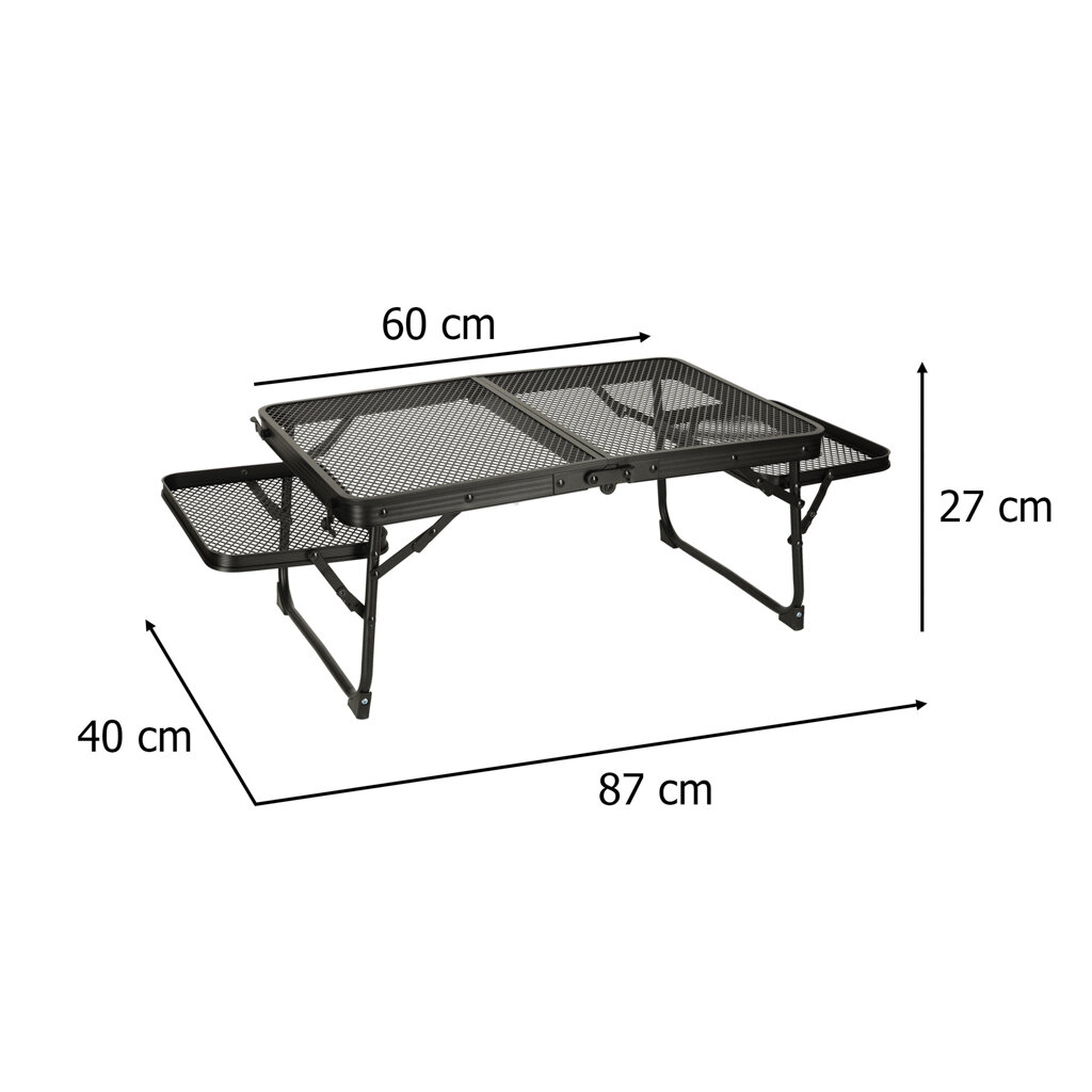 Stolik turystyczny składany z metalową siatkową powierzchnią, o wymiarach 87 cm długości, 60 cm szerokości i 27 cm wysokości. Dodatkowo posiada boczną półkę o wymiarach 40 cm na 27 cm.