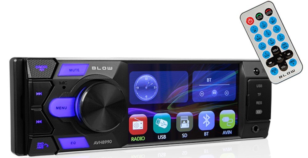 Radio samochodowe z wyświetlaczem dotykowym, na którym widoczne są ikony: RADIO, USB, SD, BT, AVIN. Obok znajduje się pilot z przyciskami w różnych kolorach i logo \'BLOW\'.