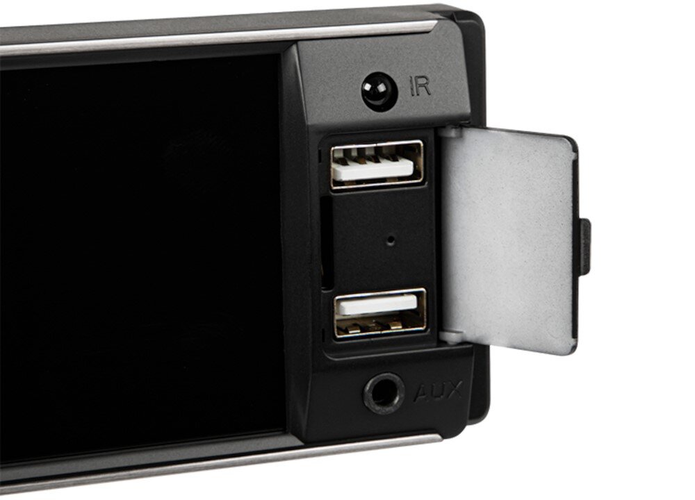 Czarny panel z dwoma portami USB, oznaczeniami \'IR\' i \'AUX\', oraz otwartą klapką po prawej stronie.