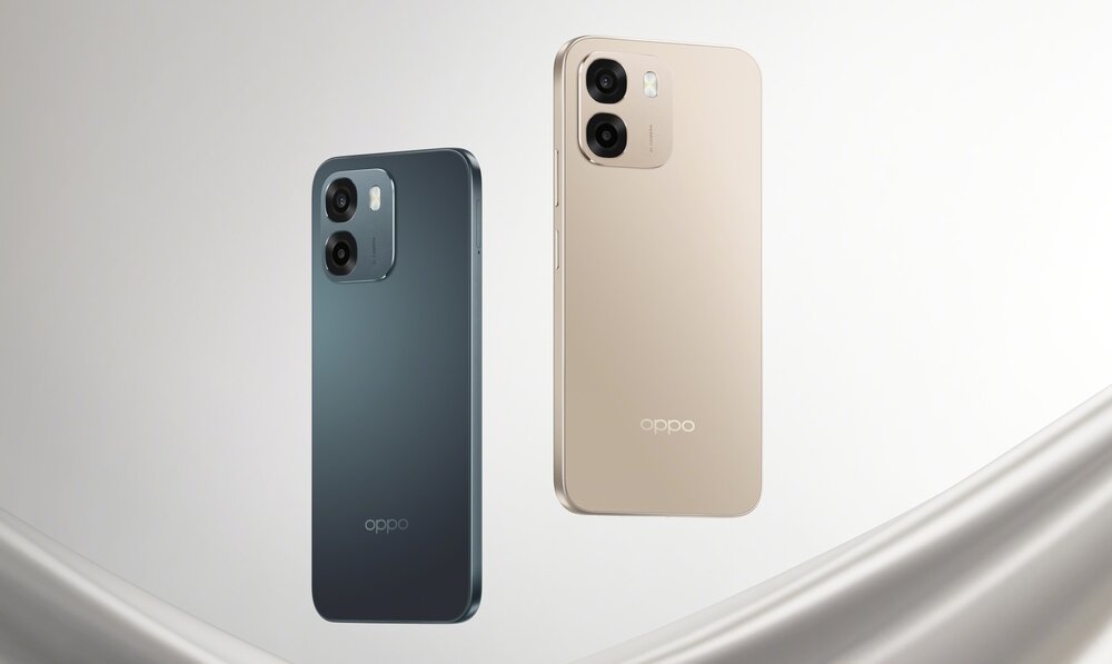 Na obrazie widoczne są dwa smartfony w kolorach ciemnozielonym i złotym, z logo \'oppo\' na obudowie. Oba urządzenia mają podwójne aparaty fotograficzne z tyłu.