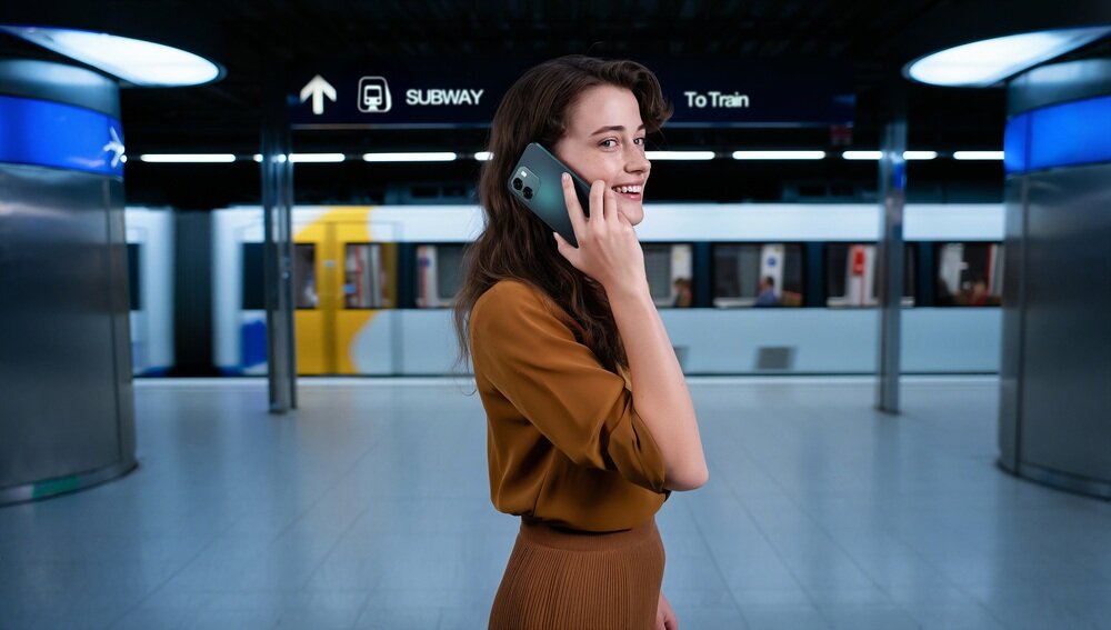 Osoba rozmawia przez ciemnozielony smartfon na tle stacji metra. W tle widoczny jest pociąg oraz oznaczenia \'SUBWAY\' i \'To Train\'.