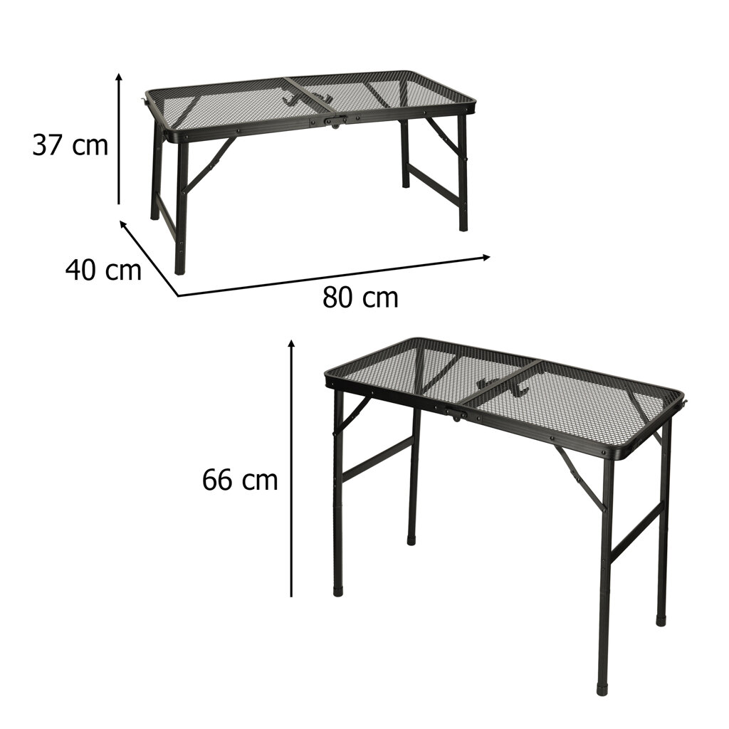 Obraz przedstawia składany stolik turystyczny z metalową siatkową powierzchnią. Wymiary stolika to 80 cm długości, 40 cm szerokości i 66 cm wysokości, a po złożeniu 37 cm wysokości.