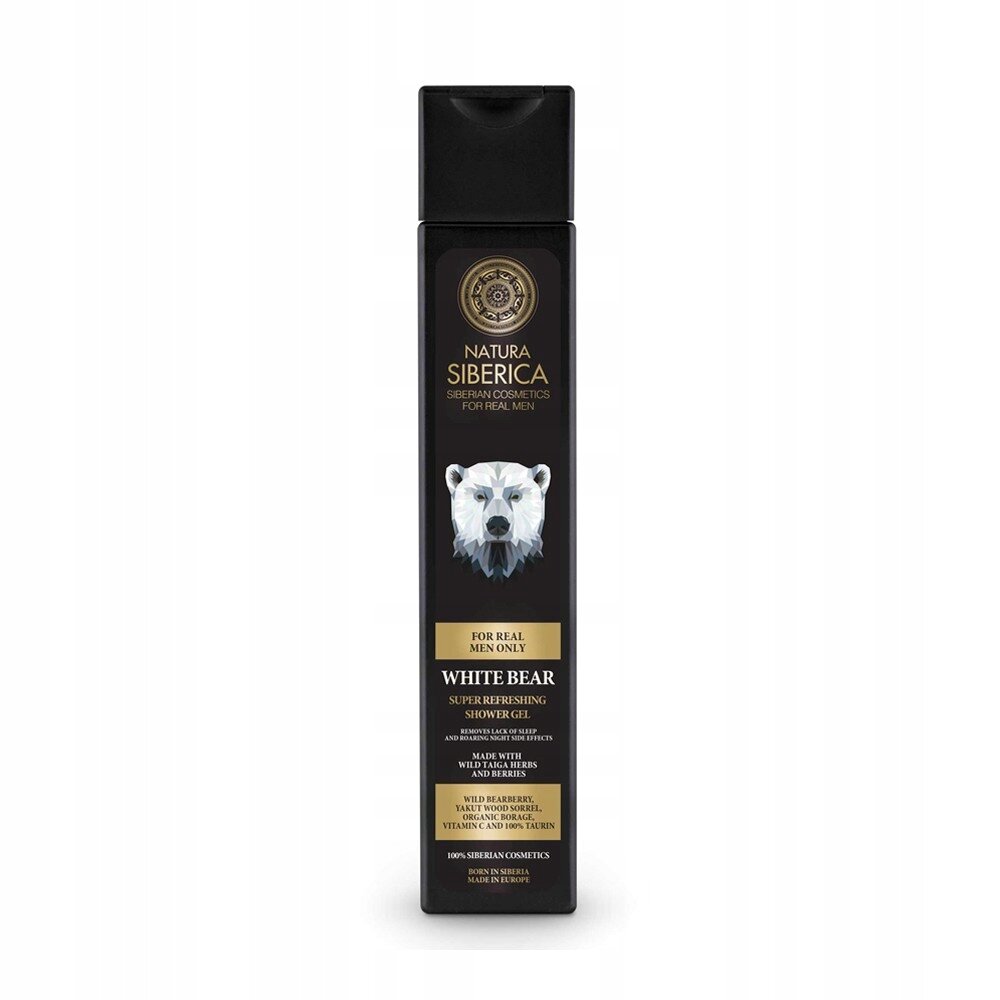 Czarny prostokątny pojemnik z logo Natura Siberica i wizerunkiem białego niedźwiedzia. Tekst na opakowaniu: \'FOR REAL MEN ONLY WHITE BEAR SUPER REFRESHING SHOWER GEL\'.