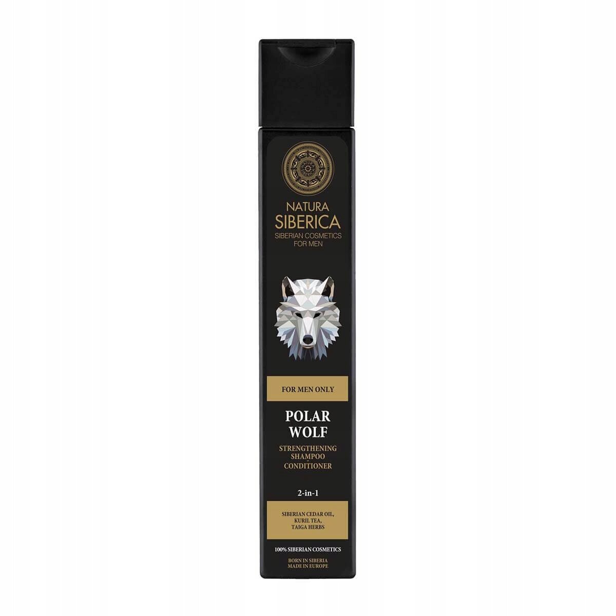 Czarna butelka z produktem Natura Siberica Men, na której widnieje grafika wilka oraz napisy: \'Natura Siberica\', \'For Men Only\', \'Polar Wolf\', \'Strengthening Shampoo Conditioner\', \'2-in-1\'.