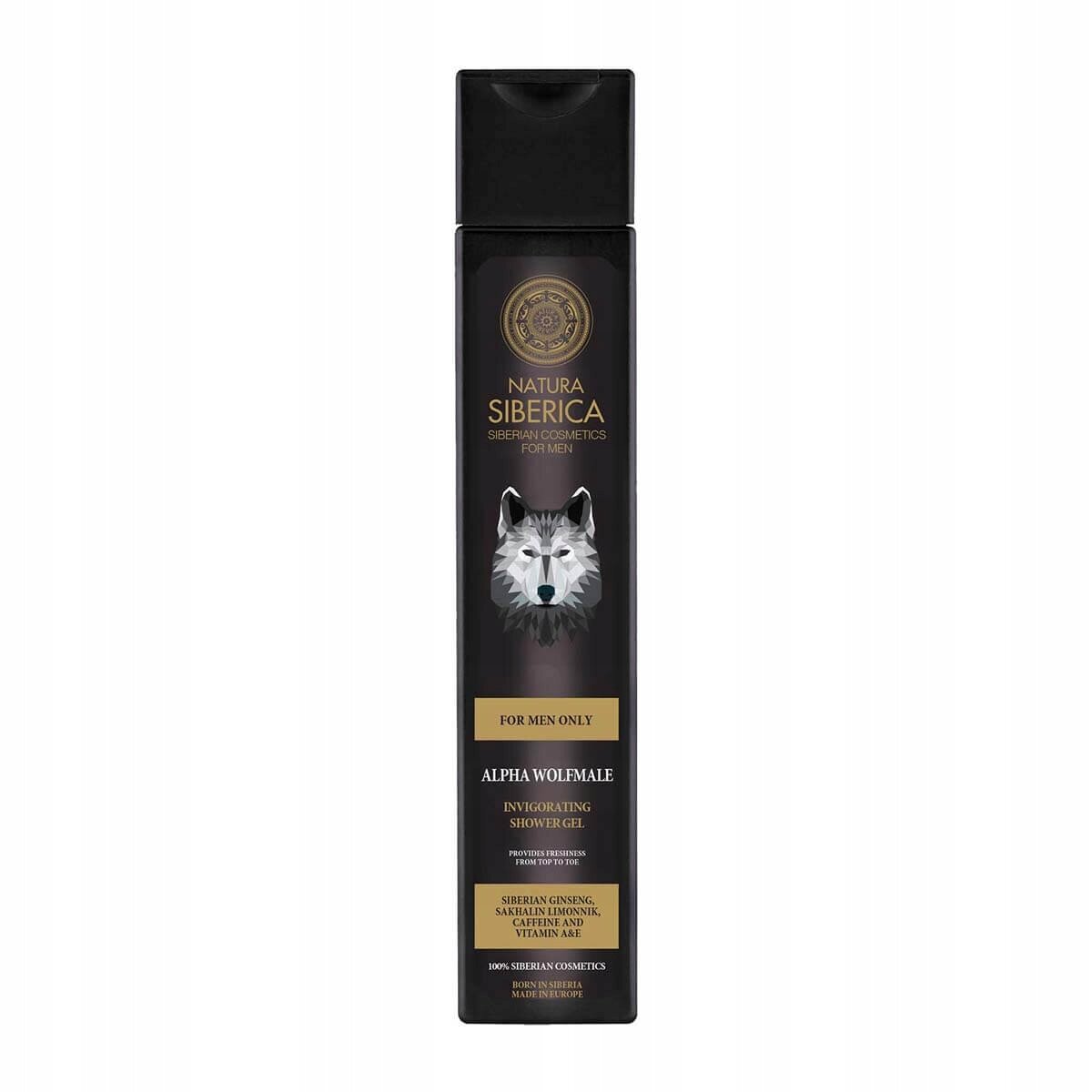 Czarny pojemnik z etykietą przedstawiającą wilka i napisem \'Natura Siberica Siberian Cosmetics for Men\'. Widoczny tekst: \'For Men Only Alpha Wolfmale Invigorating Shower Gel\'.