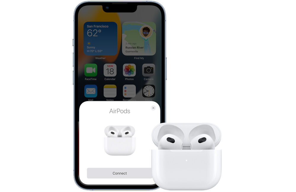 Na obrazie widoczny jest smartfon z wyświetlaczem pokazującym ekran główny oraz okno dialogowe z napisem \'AirPods\' i przyciskiem \'Connect\'. Przed smartfonem znajduje się etui z otwartymi słuchawkami dousznymi.