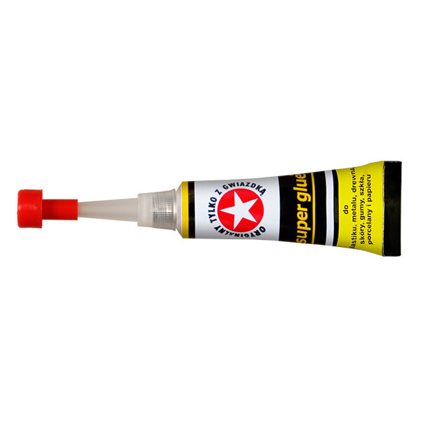 Na obrazie widoczna jest tubka kleju z napisem \'super glue\' oraz logo z czerwoną gwiazdą i tekstem \'TYLKO 1 GWIAZDKA\'.