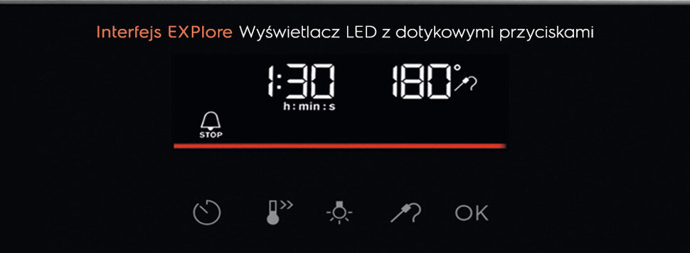 Wyświetlacz LED z dotykowymi przyciskami pokazuje czas 1:30 i temperaturę 180 stopni. Widoczne są ikony: dzwonek z napisem STOP, termometr, żarówka, symbol pióra i przycisk OK.
