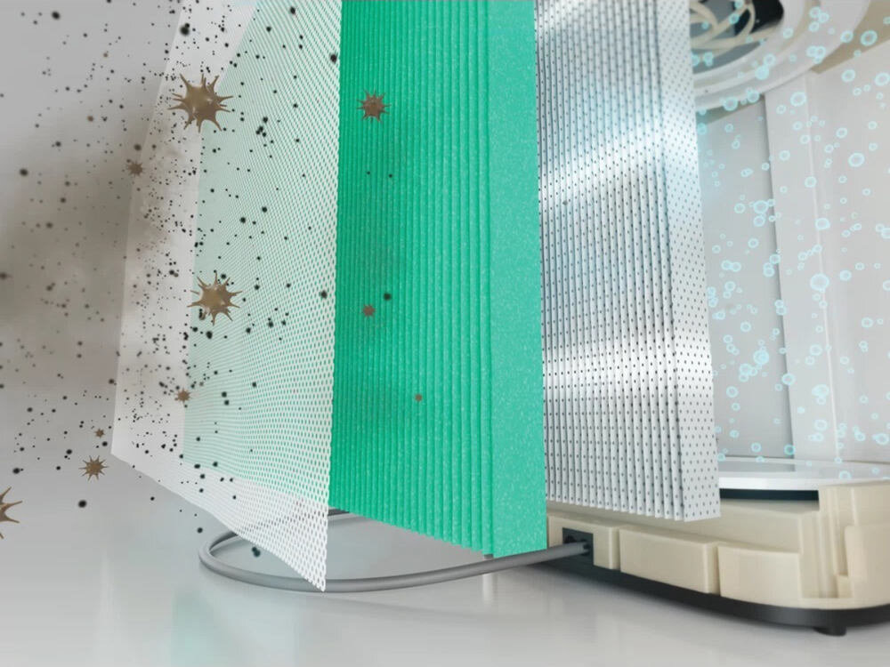 Obraz przedstawia przekrój przez filtry oczyszczacza powietrza, ukazując różne warstwy filtracyjne. Wokół filtrów widoczne są unoszące się cząsteczki zanieczyszczeń i drobinki kurzu.