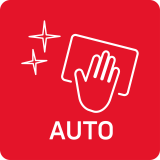 Czerwona ikona z białym symbolem dłoni trzymającej ściereczkę oraz napisem \'AUTO\'.