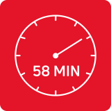 Czerwony kwadrat z białą ikoną zegara i napisem \'58 MIN\'.
