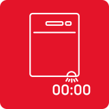 Ikona przedstawia schematyczny rysunek zmywarki z wyświetlaczem czasu 00:00 na czerwonym tle.