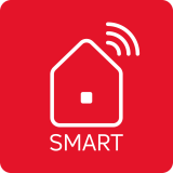 Czerwony kwadrat z białym symbolem domu i falami sygnału oraz napisem \'SMART\'.
