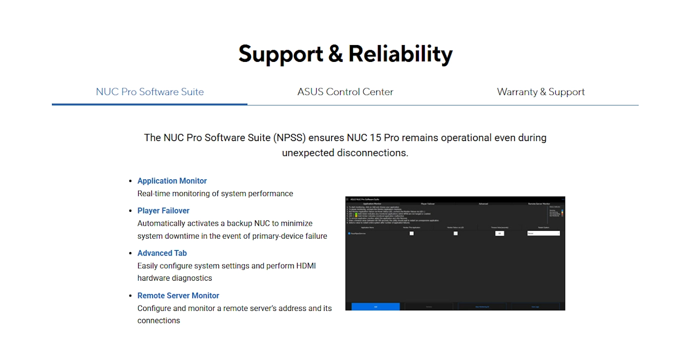 Obraz przedstawia tekst dotyczący oprogramowania NUC Pro Software Suite (NPSS), które zapewnia działanie NUC 15 Pro podczas niespodziewanych rozłączeń. Wymienione są funkcje takie jak Application Monitor, Player Failover, Advanced Tab i Remote Server Monitor.