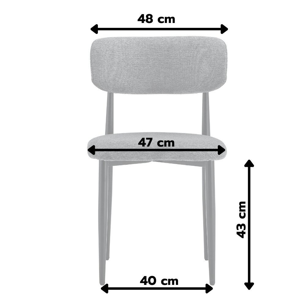 Obraz przedstawia krzesło z tapicerowanym oparciem i siedziskiem, z czarnymi metalowymi nogami. Na krześle widoczne są wymiary: oparcie 48 cm, siedzisko 47 cm, szerokość 40 cm, wysokość 43 cm.