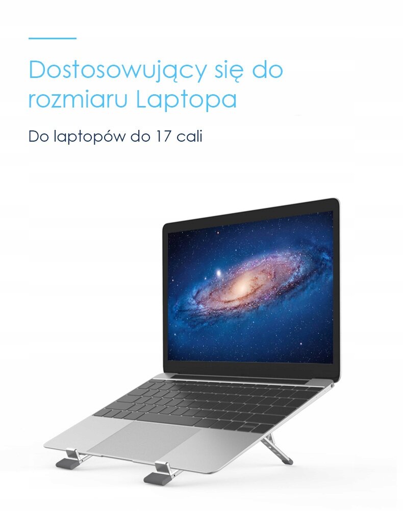 Obraz przedstawia laptopa umieszczonego na aluminiowej podstawce. Tekst na obrazie: \'Dostosowujący się do rozmiaru Laptopa Do laptopów do 17 cali\'.