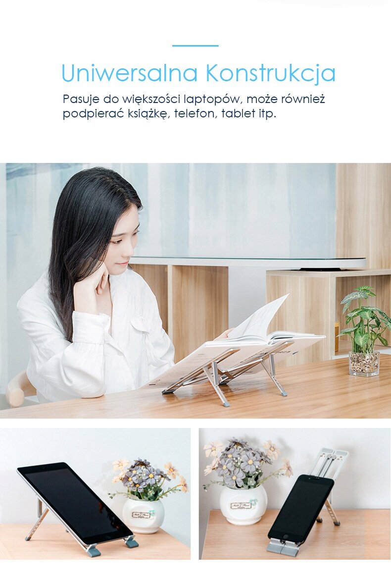Na obrazie widoczna jest aluminiowa podstawka biurowa, na której umieszczono książkę, tablet i telefon. Tekst na obrazie brzmi: \'Uniwersalna Konstrukcja Pasuje do większości laptopów, może również podpierać książkę, telefon, tablet itp.\'.
