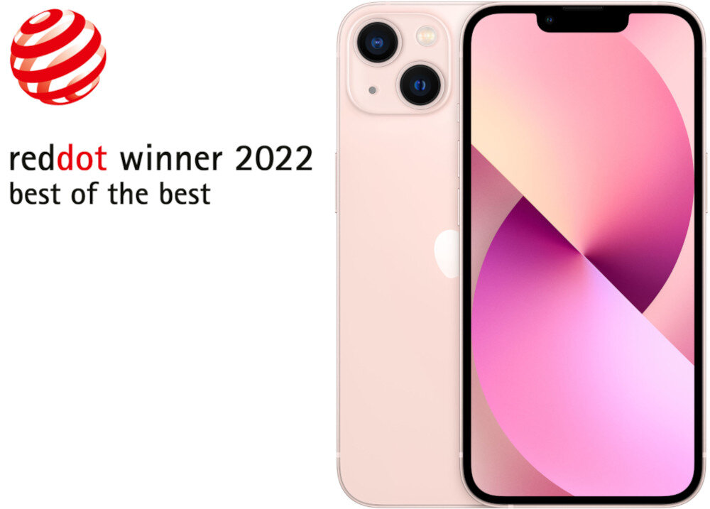 Na obrazie widoczny jest różowy smartfon z dwoma aparatami z tyłu i wyświetlaczem z gradientem różowych odcieni. Obok znajduje się tekst: \'reddot winner 2022 best of the best\'.