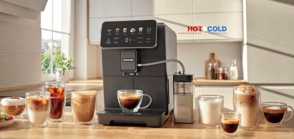 Ekspres SENCOR Enzo SES 9400BK zdjęcie lifestyle 10 napojów na wyciągnięcie ręki Intuicyjny ekran espresso, americano, cappuccino, latte, mleczną piankę lub gorącą wodę 