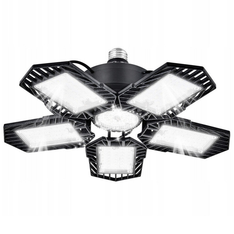 Lampa LED z pięcioma rozkładanymi panelami świetlnymi, zamontowana na gwincie E27. Panele emitują jasne, białe światło.