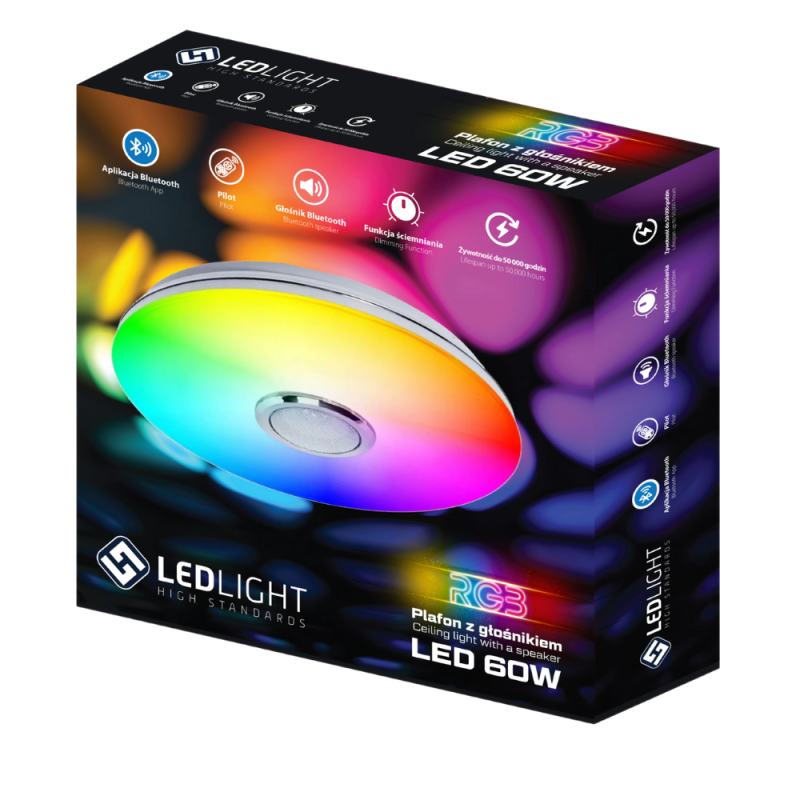 Opakowanie produktu LED Light z kolorowym plafonem sufitowym, zawiera informacje o funkcjach takich jak aplikacja Bluetooth, pilot, głośnik Bluetooth, funkcja ściemniania i żywotność do 50,000 godzin. Widoczne logo LED Light oraz napis \'Plafon z głośnikiem Ceiling light with a speaker LED 60W\'.